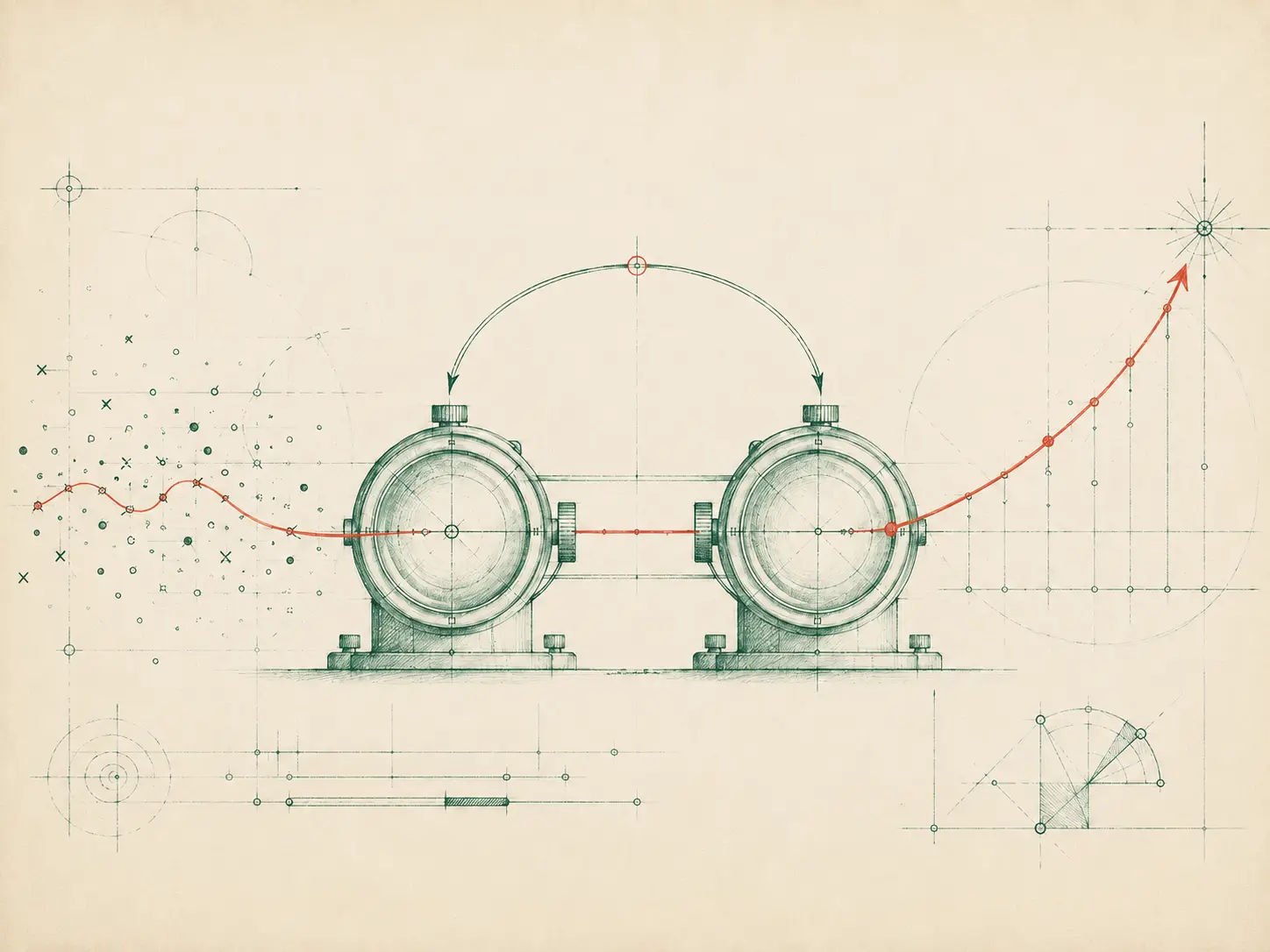 A technical pencil study of paired calibration lenses turning scattered decisions into a confident leadership trajectory