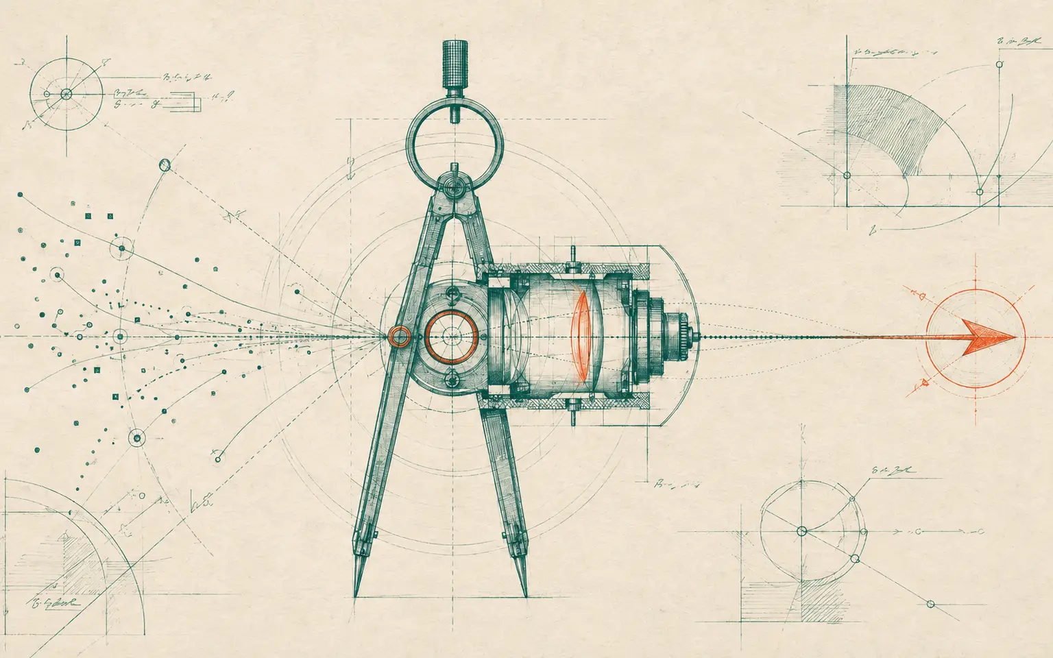 A hand-drafted technical illustration showing scattered product signals passing through a strategy instrument and resolving into one clear direction