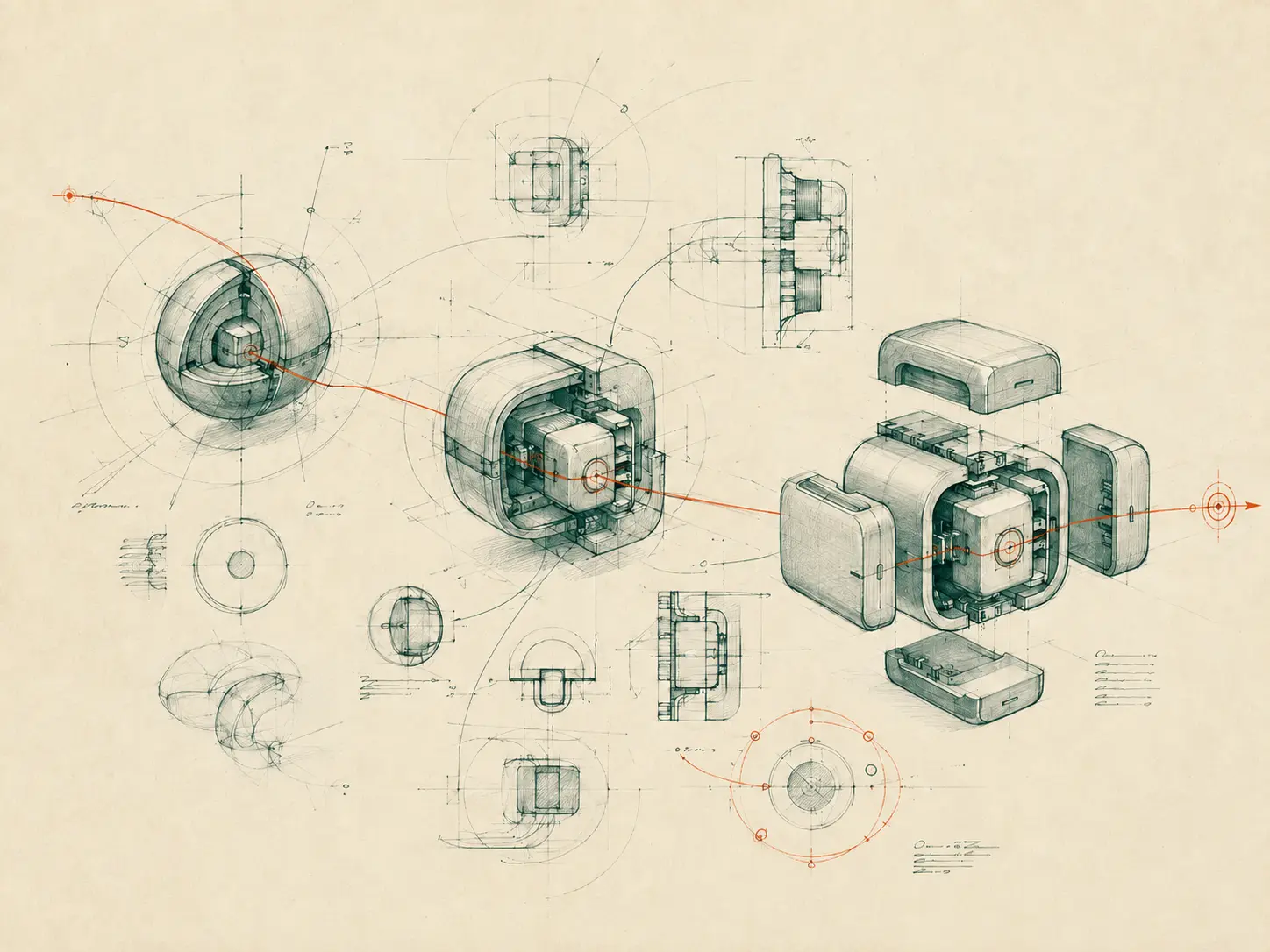 A technical pencil study showing a compact product idea evolving through measured iterations into a viable modular system
