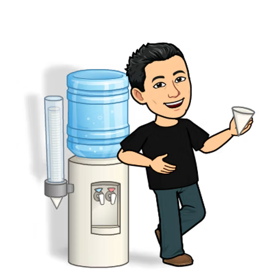 Cartoon illustration of Rich standing beside a water cooler